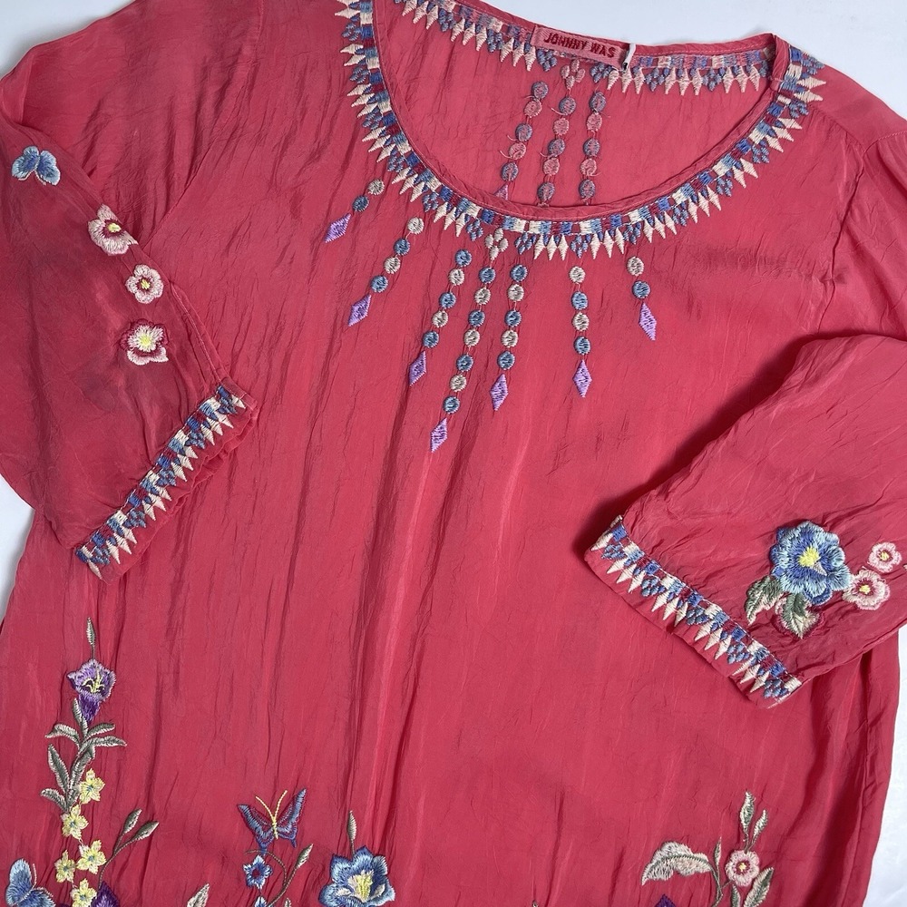 Johnny Was Womens Small Floral Embroidered Tunic Blouse Boho Chic Rayon Pink Red